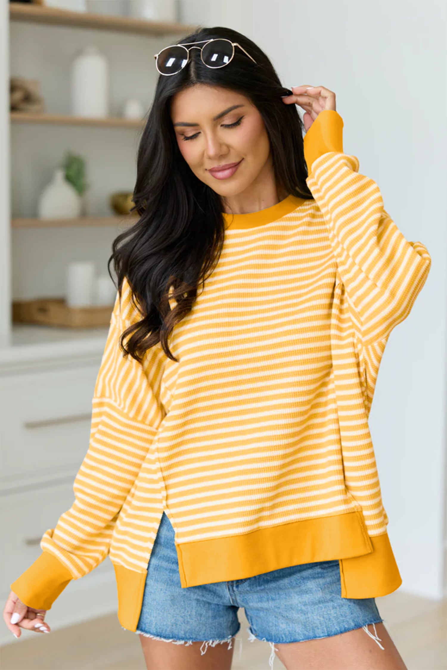 Khaki Stripe Textured Knit Color Block Trim Split Hem Long Sleeve Top