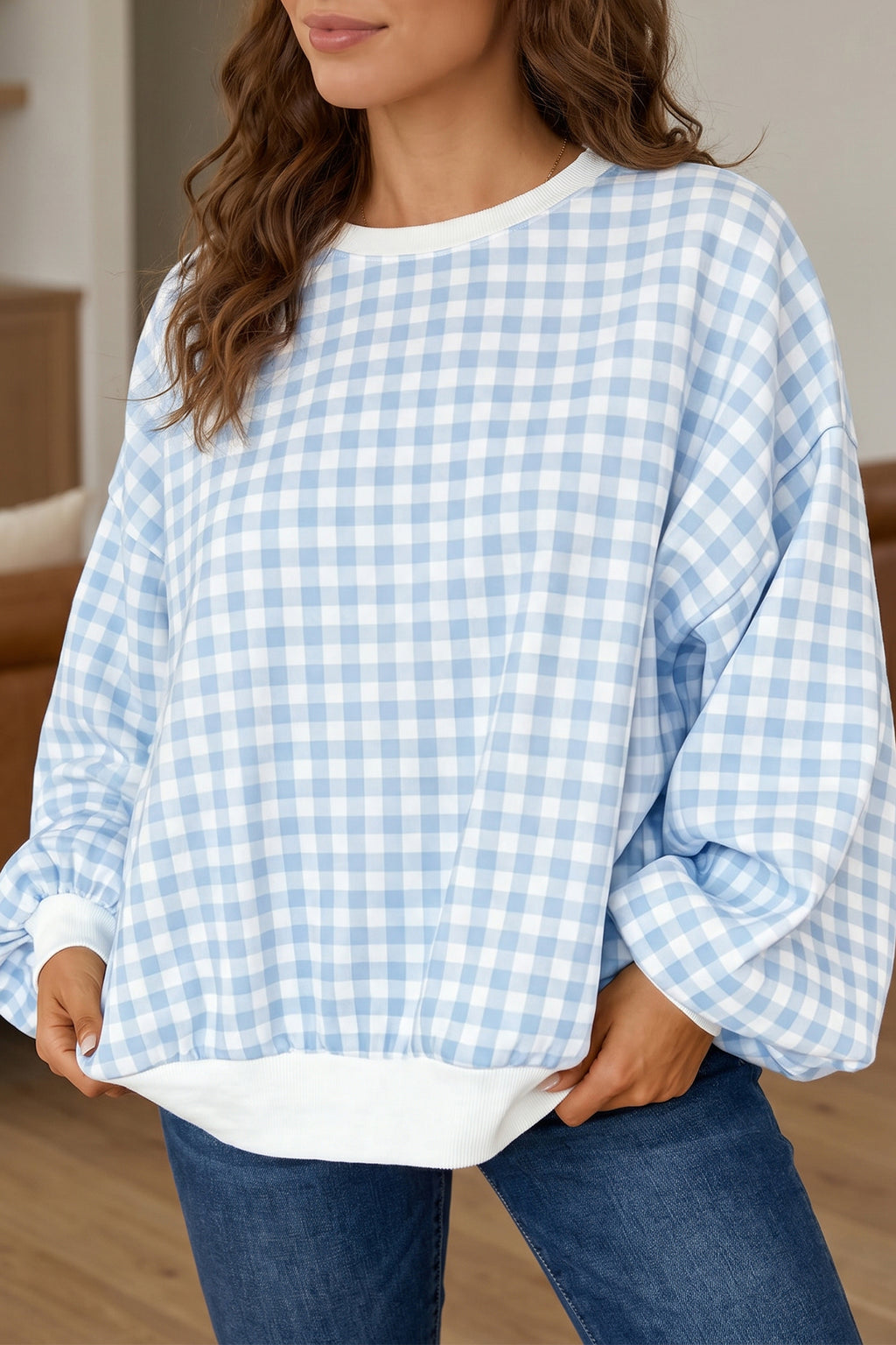 Light Blue Plaid Round Neck Long Sleeve Sweatshirt
