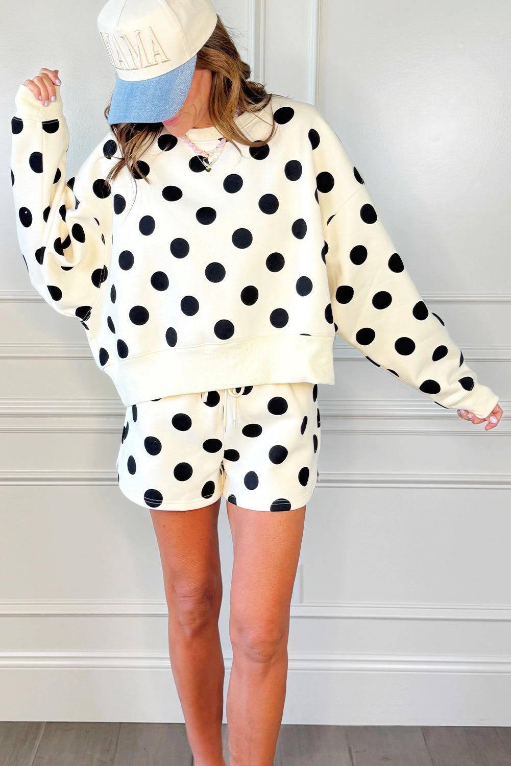 Sky Blue Polka Dot Print Drop Shoulder Pullover Drawstring Shorts Set