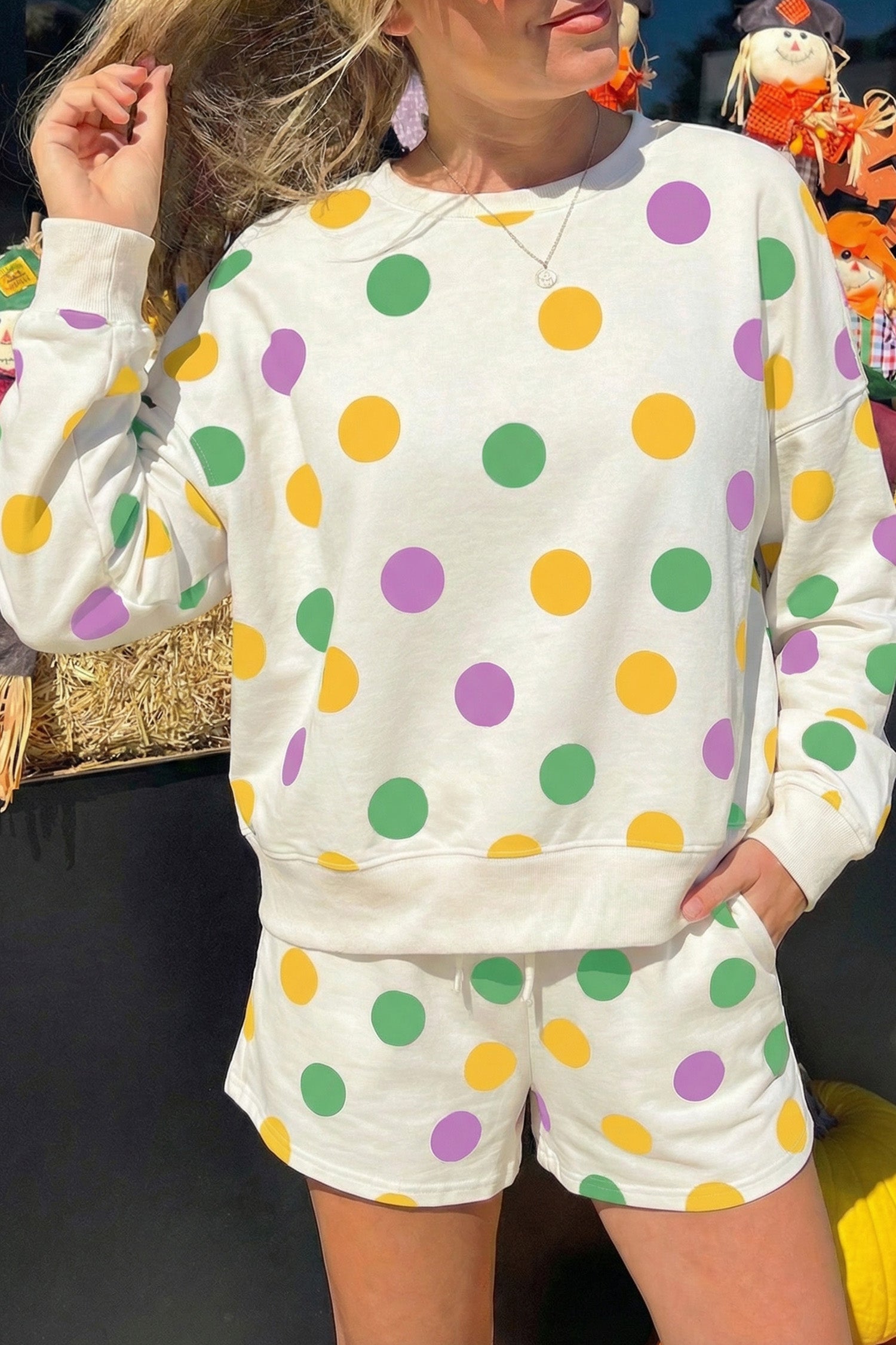 Sky Blue Polka Dot Print Drop Shoulder Pullover Drawstring Shorts Set