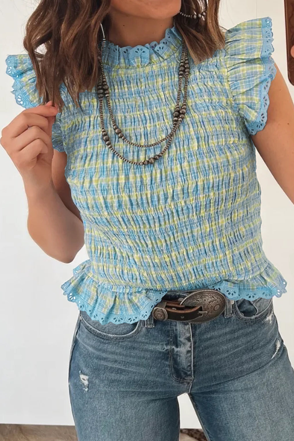 Multicolour Gingham Smoked Lace Trim Tank Top