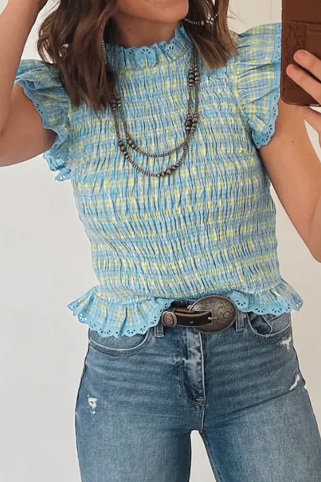 Multicolour Gingham Smoked Lace Trim Tank Top