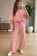 Pink Stripe Colorblock Trim Crew Neck Loose Tee Drawstring Elastic Waist 2pcs Pant Set