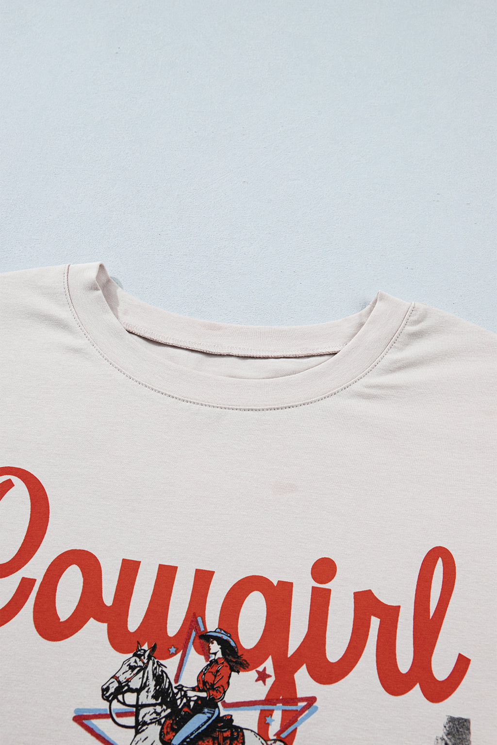 White Retro COWGIRL Print Leopard Ruffle Hem Patchwork T Shirt