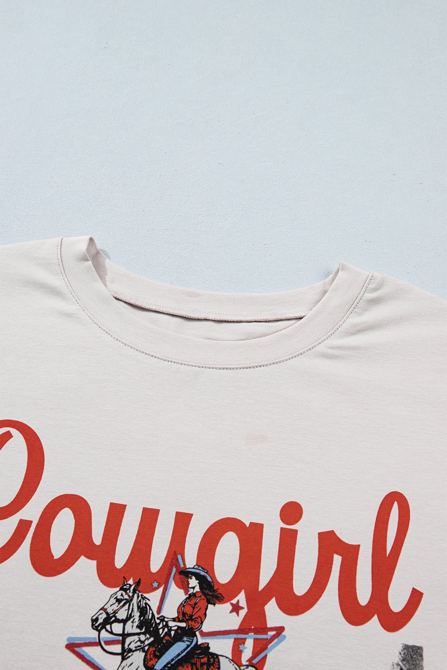 White Retro COWGIRL Print Leopard Ruffle Hem Patchwork T Shirt