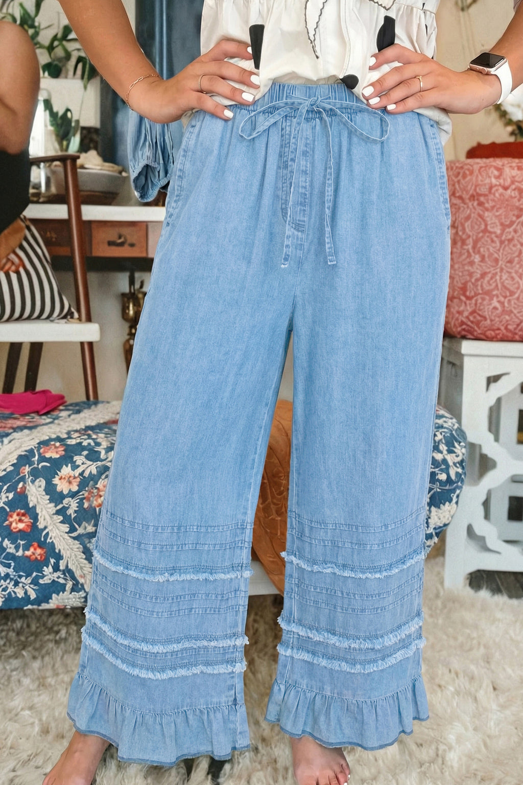 Dusk Blue Ruffled Hem Wide Leg Chambray Pants