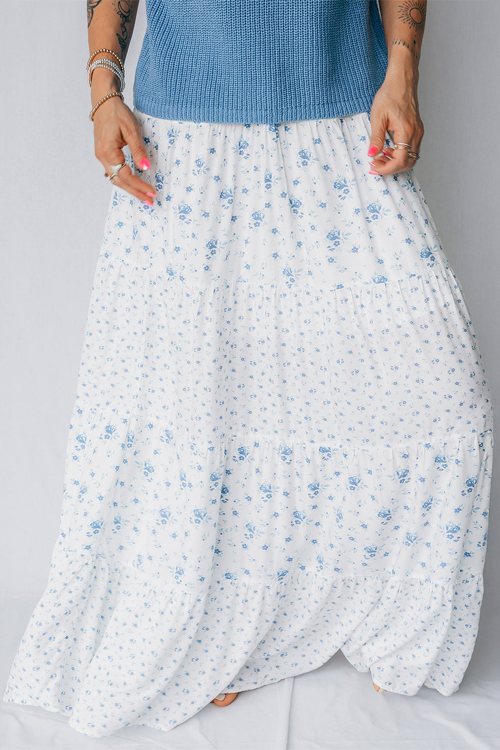 Sky Blue High Waist Tiny Floral Print Boho Maxi Skirt