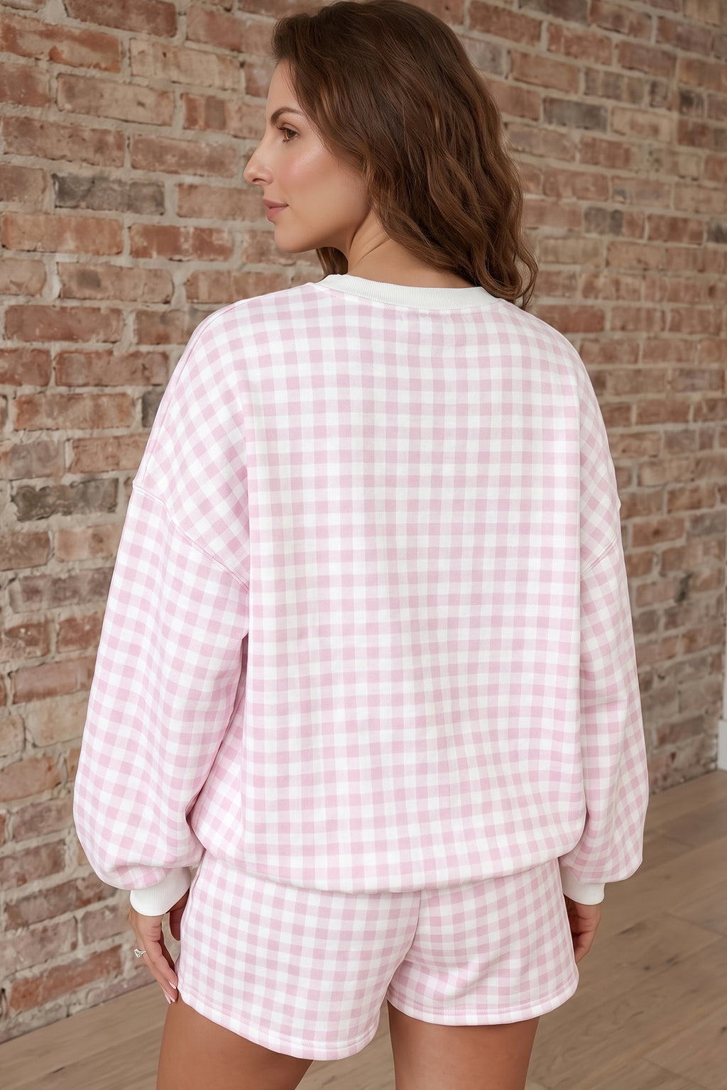 Pink Plaid Baggy Pullover Drawstring Casual Shorts 2pcs Outfit