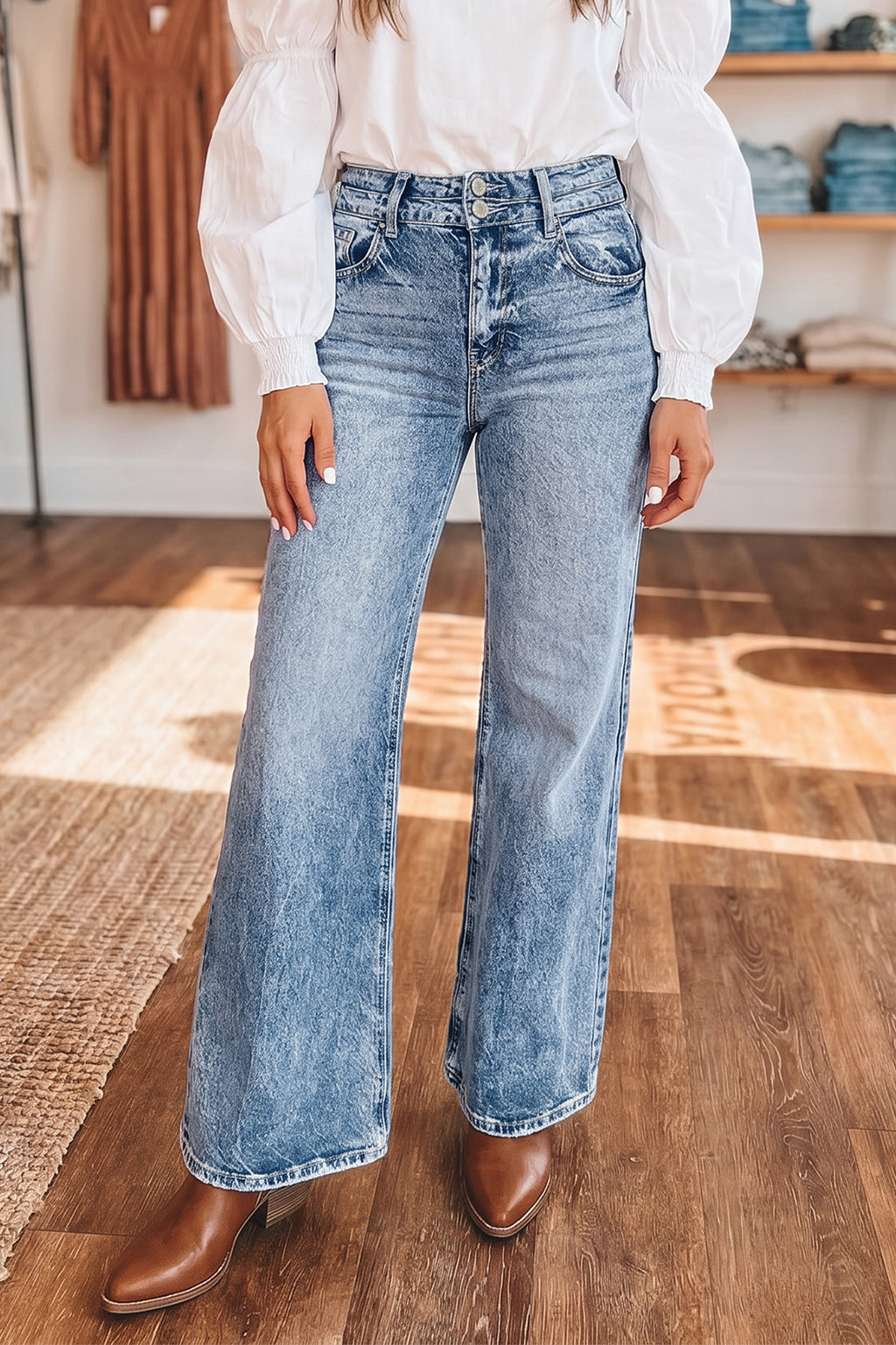 Beau Blue Acid Wash Pocket Detail Flare Jeans