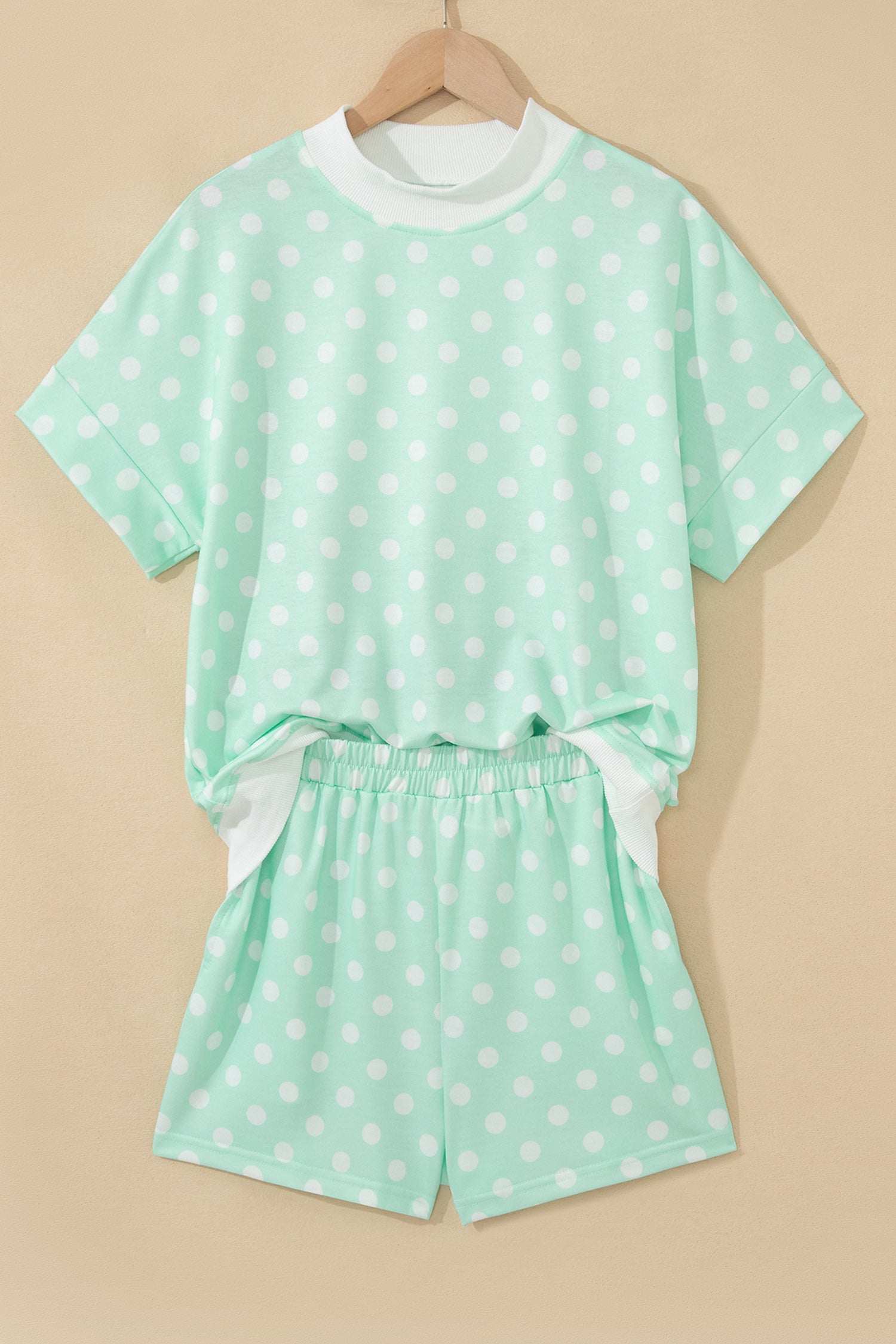 Green Polka Dot Print Color Block Trim Mock Neck Short Set
