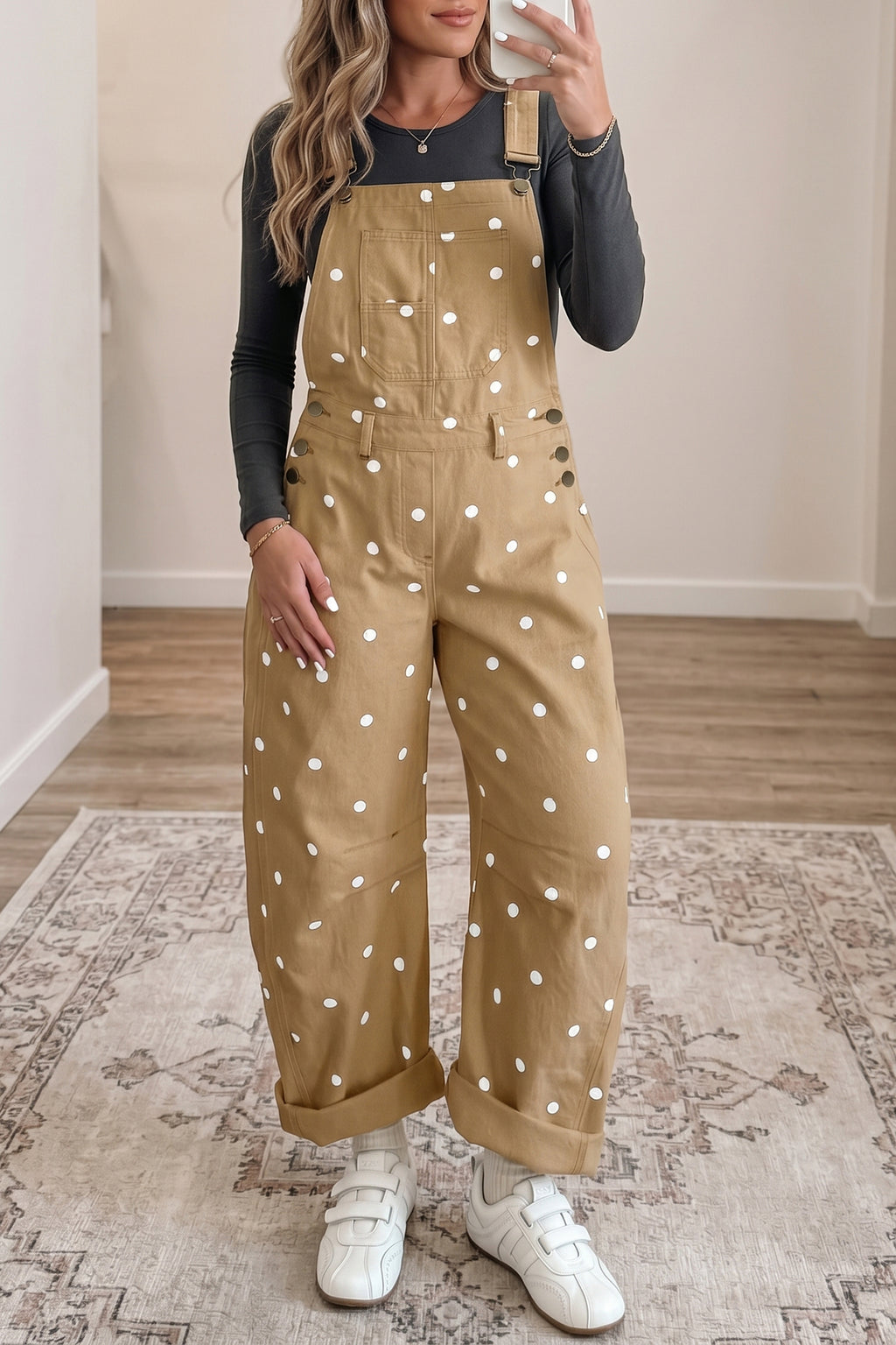 Light French Beige Polka Dot Print Bib Pocket Denim Barrel Overalls Jumpsuit (Copy)