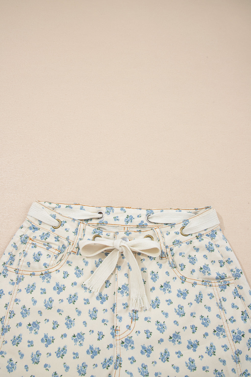 Beige Grommet Knot Waist Floral Barrel Leg Jeans