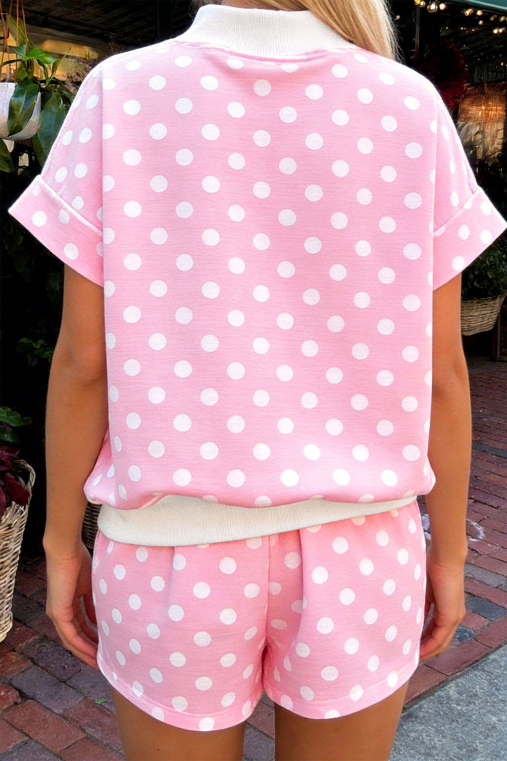 Yellow Polka Dot Print Color Block Trim Mock Neck Short Set