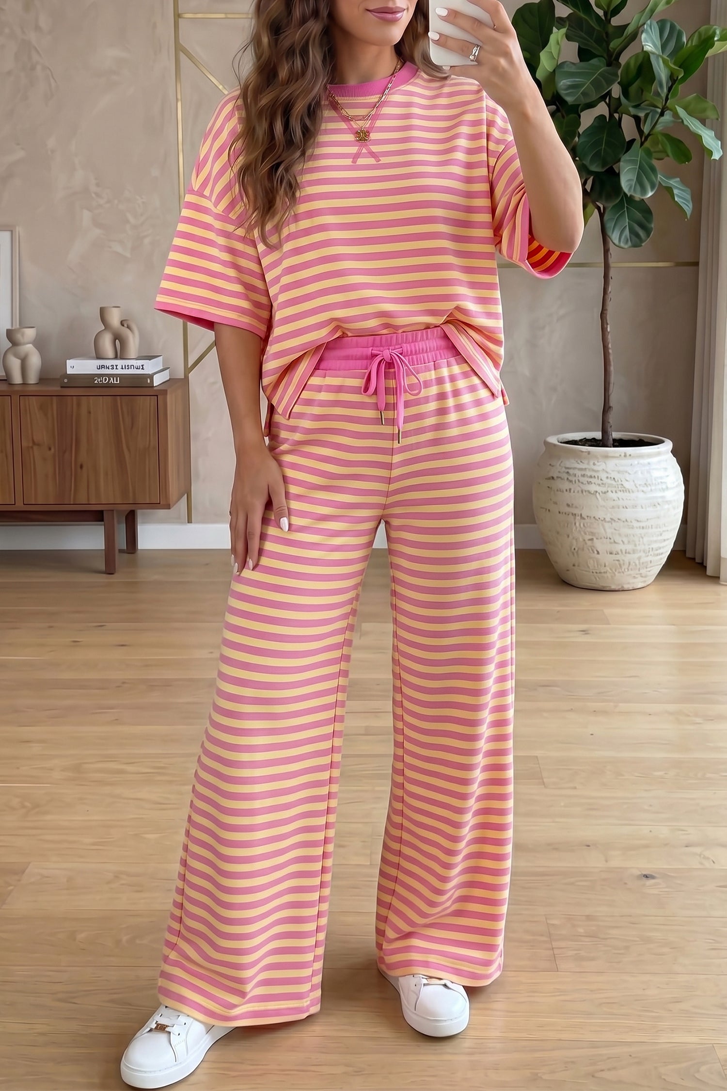 Pink Stripe Colorblock Trim Crew Neck Loose Tee Drawstring Elastic Waist 2pcs Pant Set