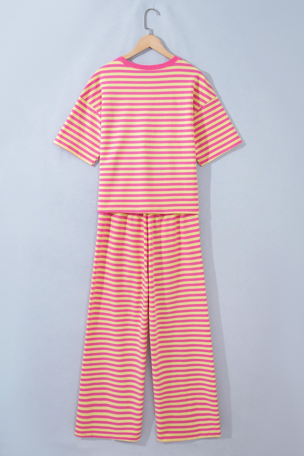 Yellow Stripe Colorblock Trim Crew Neck Loose Tee Drawstring Elastic Waist 2pcs Pant Set