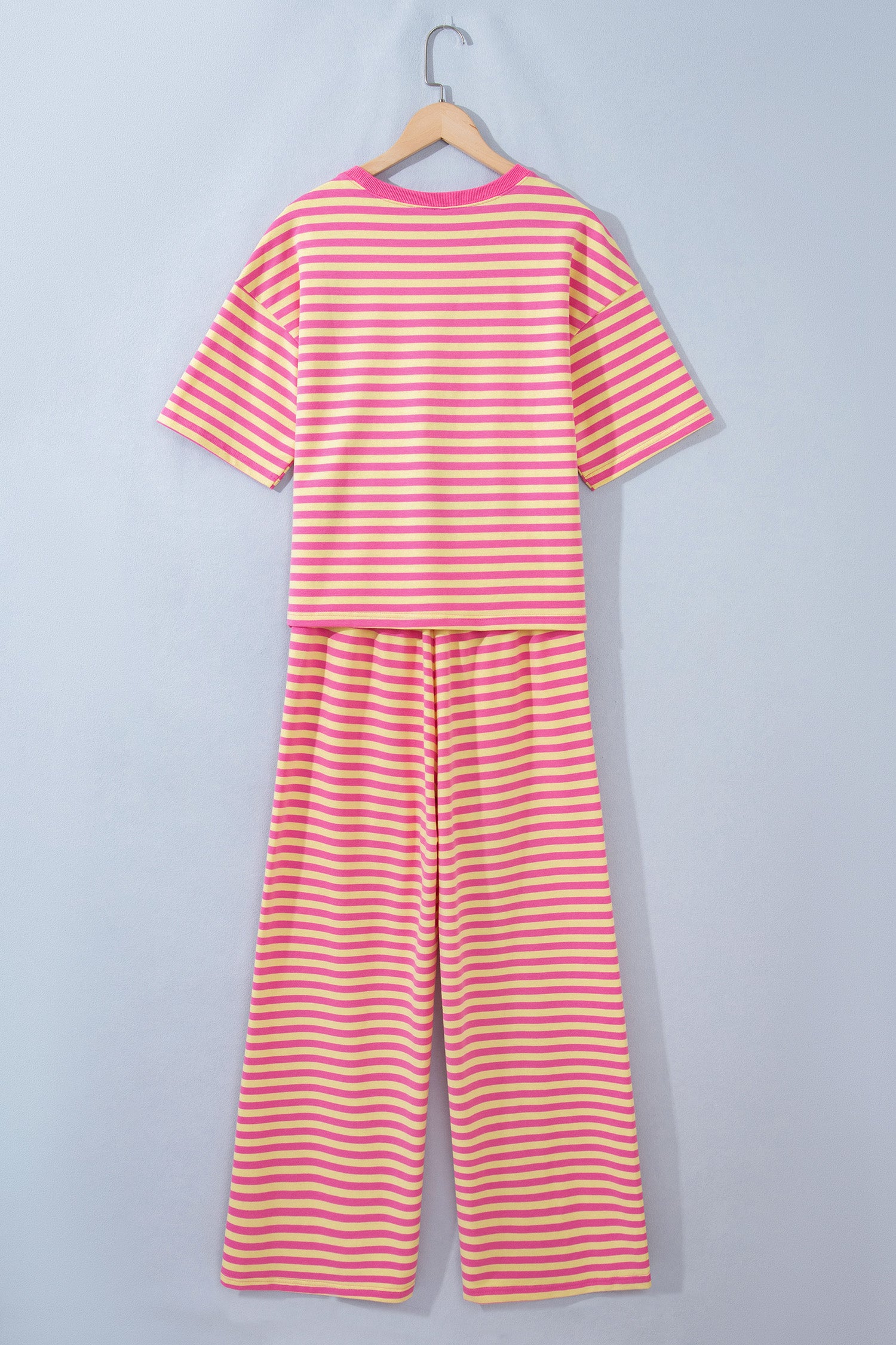Yellow Stripe Colorblock Trim Crew Neck Loose Tee Drawstring Elastic Waist 2pcs Pant Set