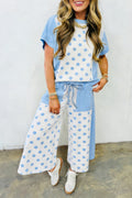 Sky Blue Color Block Patchwork Polka Dot Wide Leg Pant Set