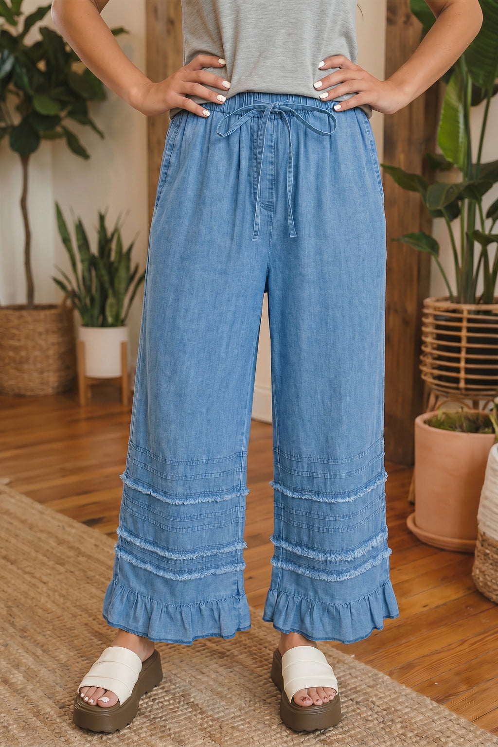 Dusk Blue Ruffled Hem Wide Leg Chambray Pants