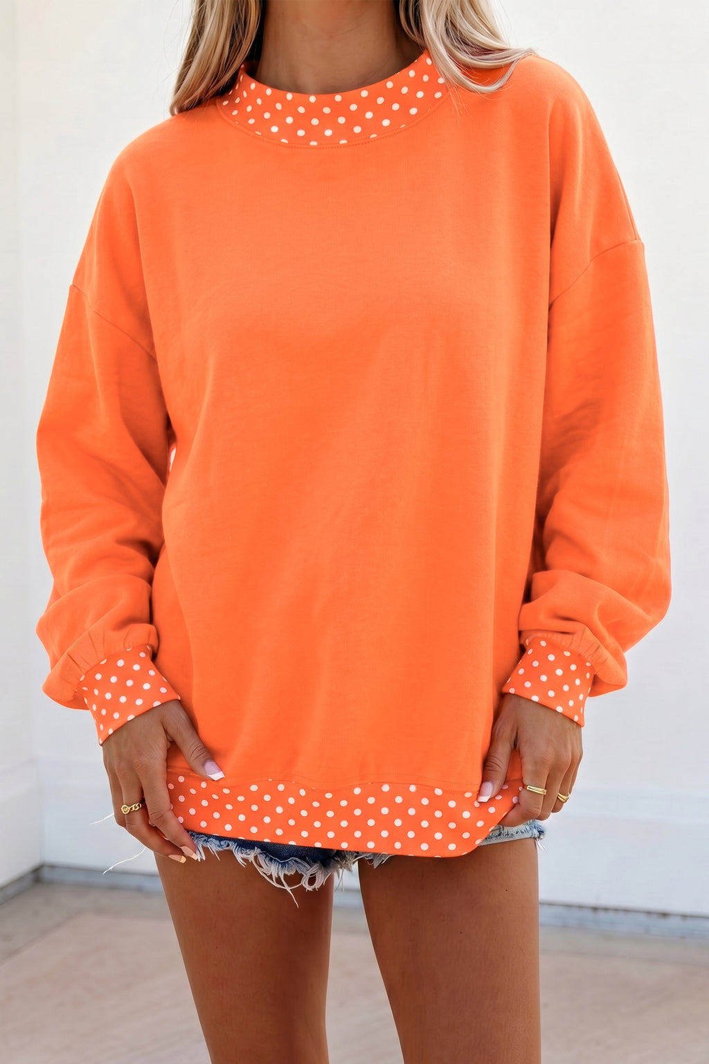 Orange Colorblock Polka Dot Contrast Trim Oversized Sweatshirt