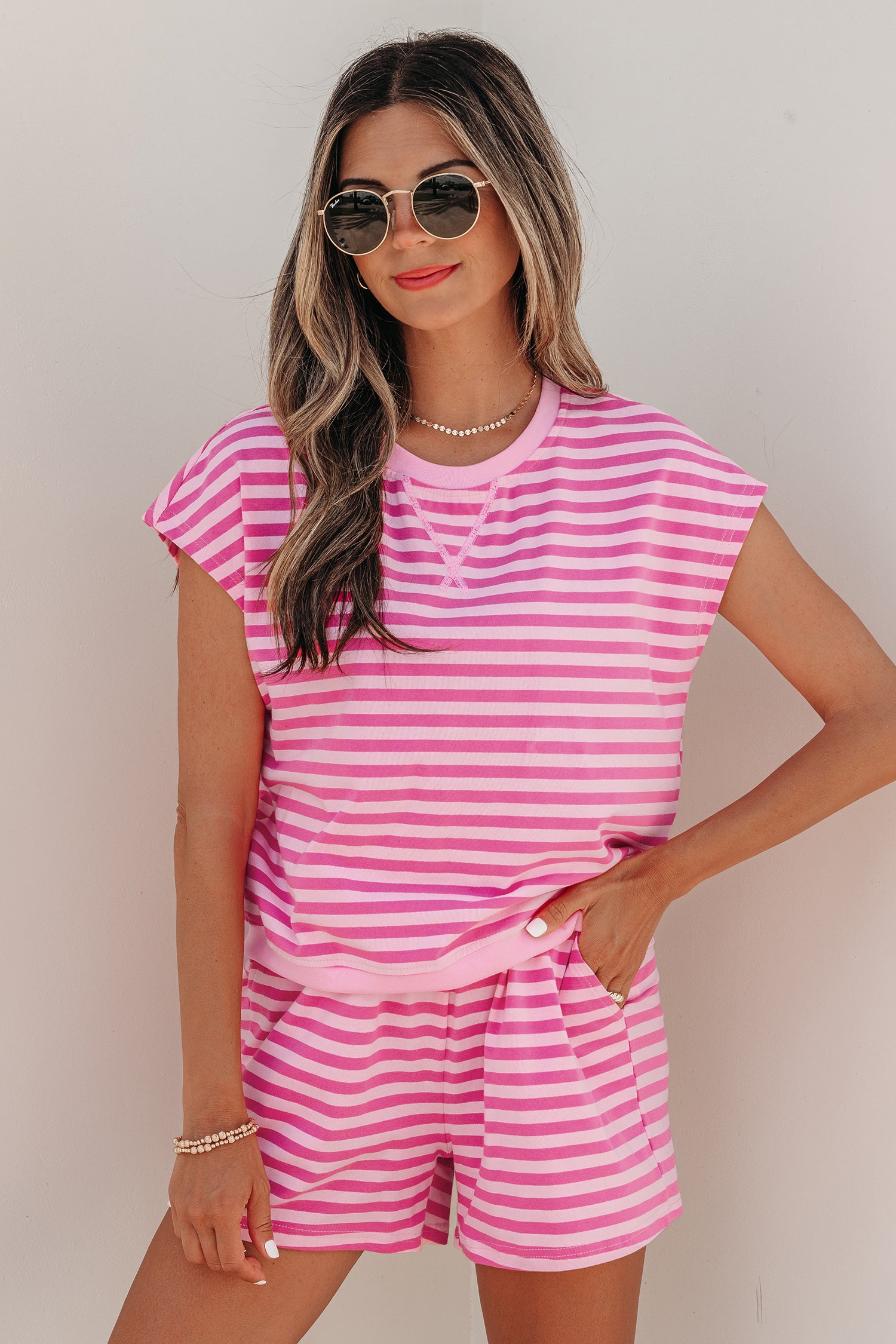 Pink Stripe Cap Sleeve Tee Elastic Waist Shorts 2pcs Outfit