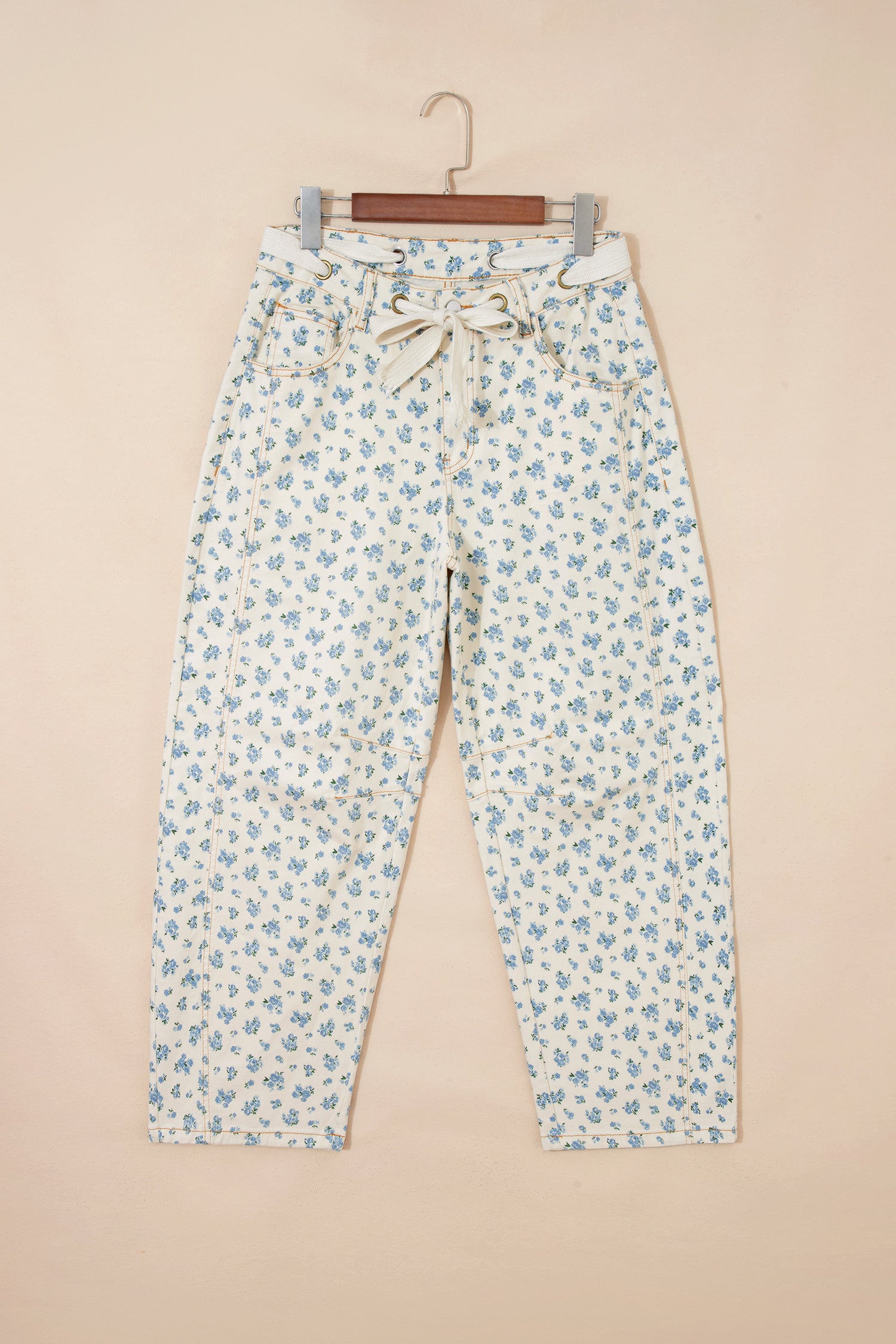Beige Grommet Knot Waist Floral Barrel Leg Jeans