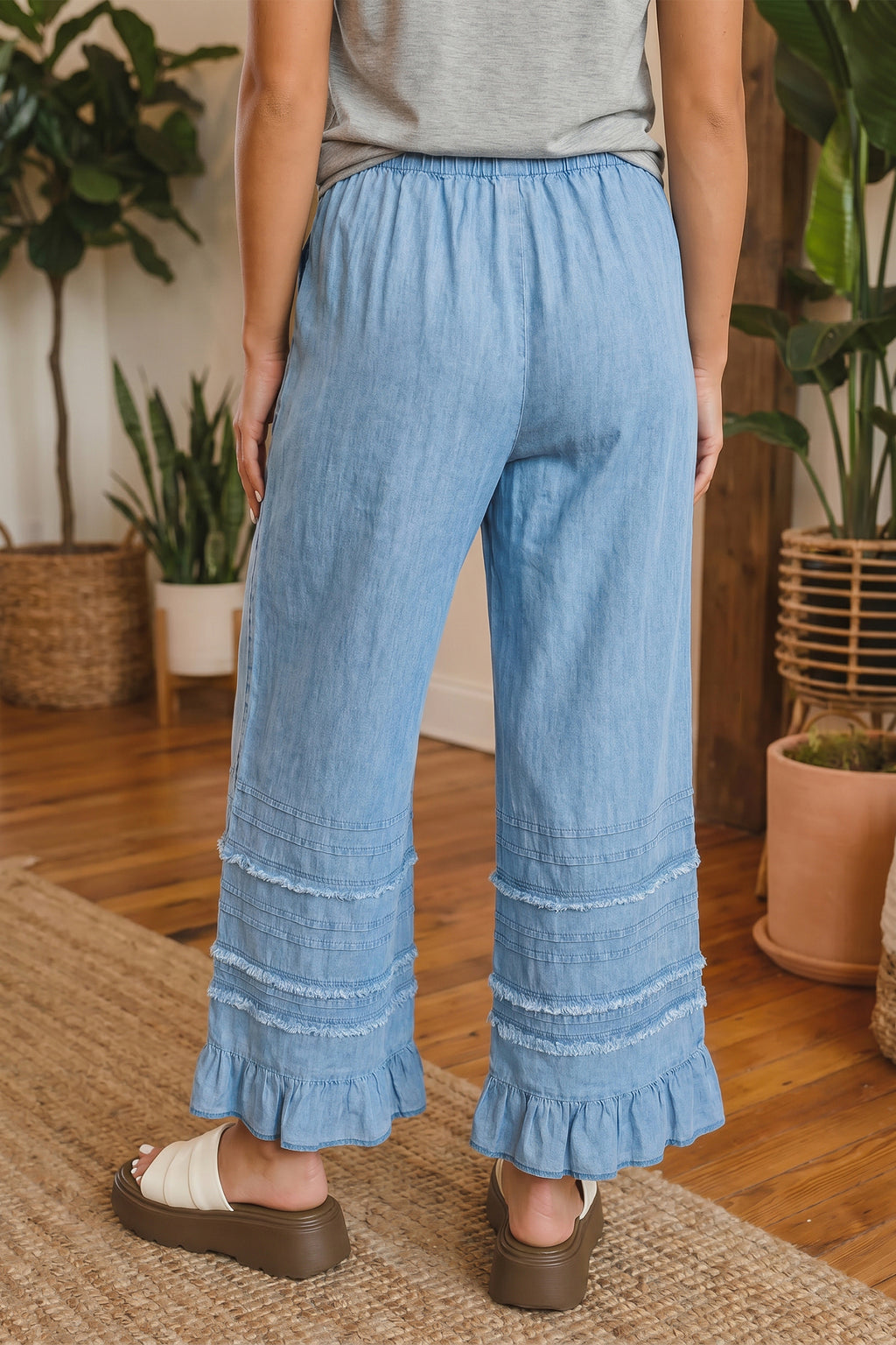 Dusk Blue Ruffled Hem Wide Leg Chambray Pants
