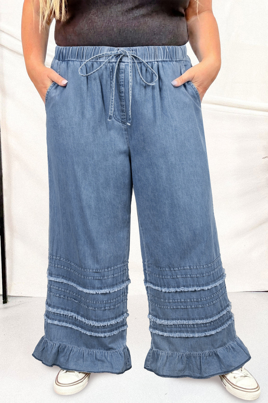 Dusk Blue Tiered Raw Edge Ruffled Plus Size Wide Leg Denim Pants