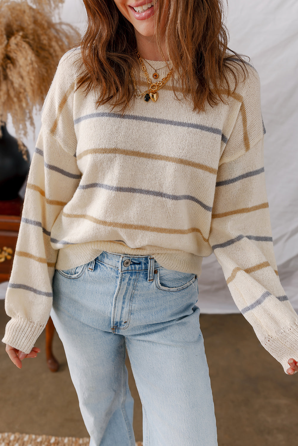Multicolour Ribbed Edge Drop Shoulder Sweater