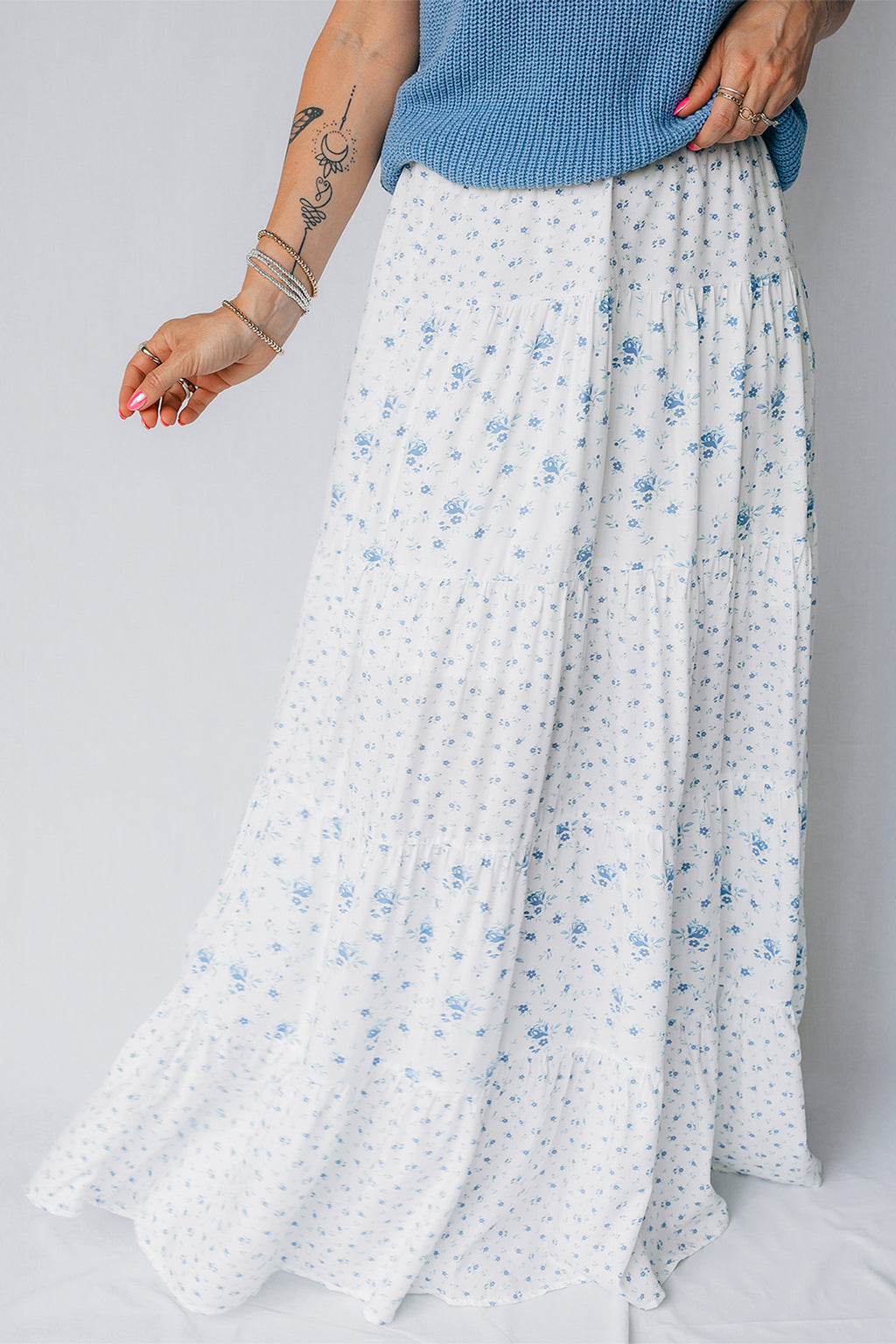 Sky Blue High Waist Tiny Floral Print Boho Maxi Skirt